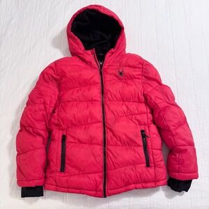 Spyder Jacket Youth‎ Medium 10/12 Red Hooded Puffer Zip Ski Snow Winter Kid